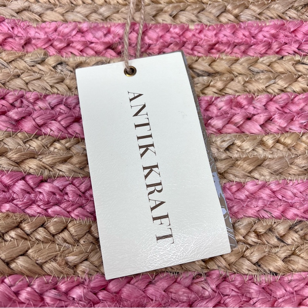 NWT Antik Kraft Natural and Pink Striped Jute Tote with Wooden Handles - Picture 6 of 10